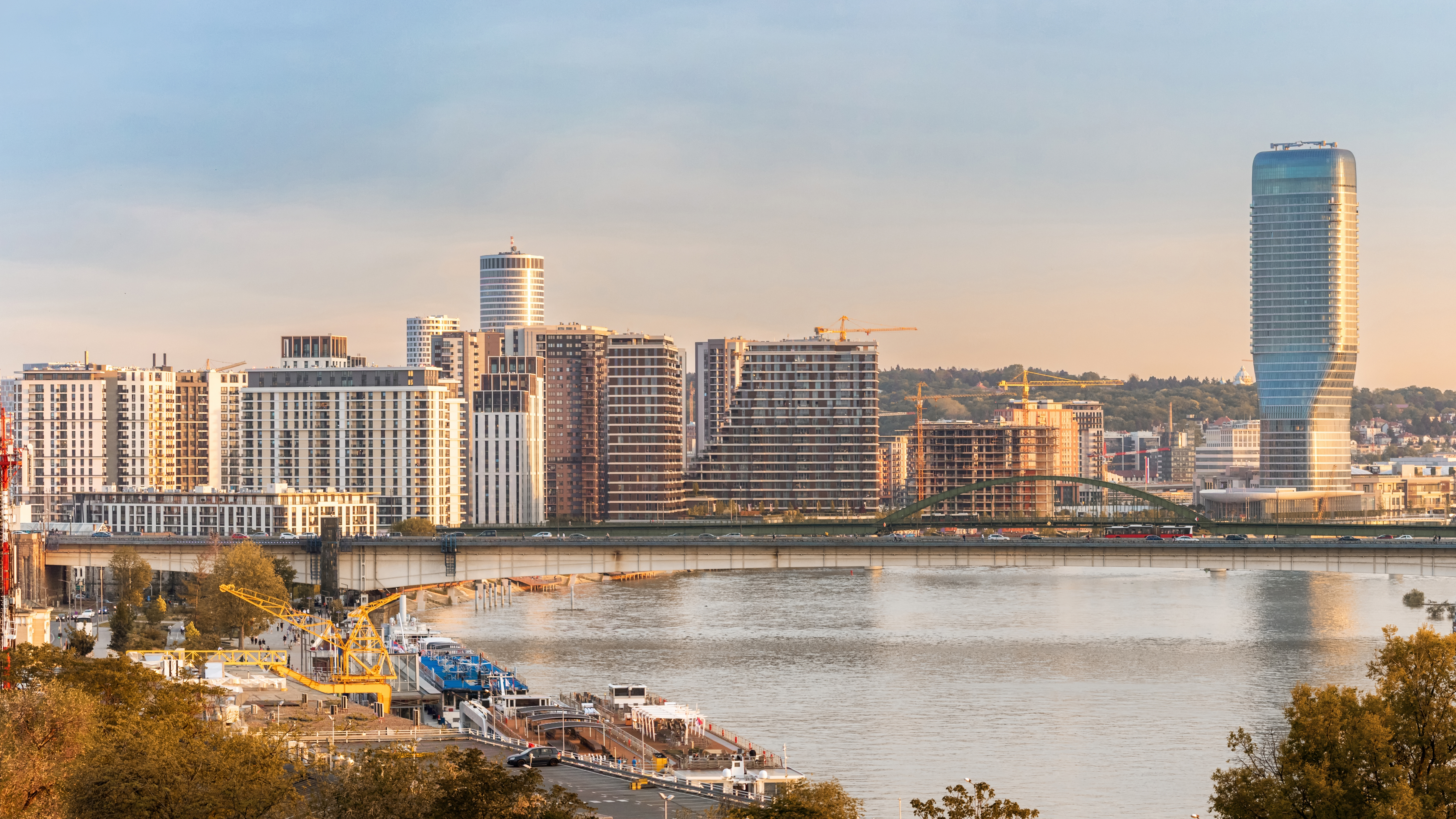 Modern Belgrade waterfront skyline with business towers near the Sava River