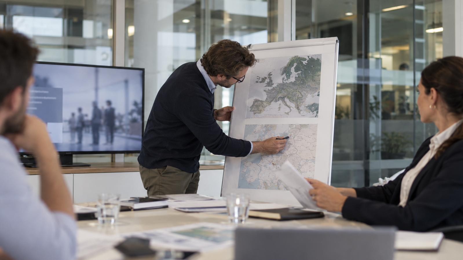 A business adviser presents a map of Europe during a meeting, illustrating the comparison of countries for small business